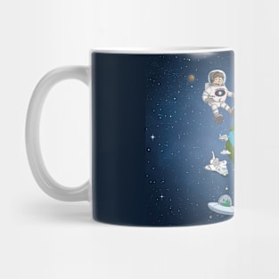 The astronaut and his rocket above planet earth Mug